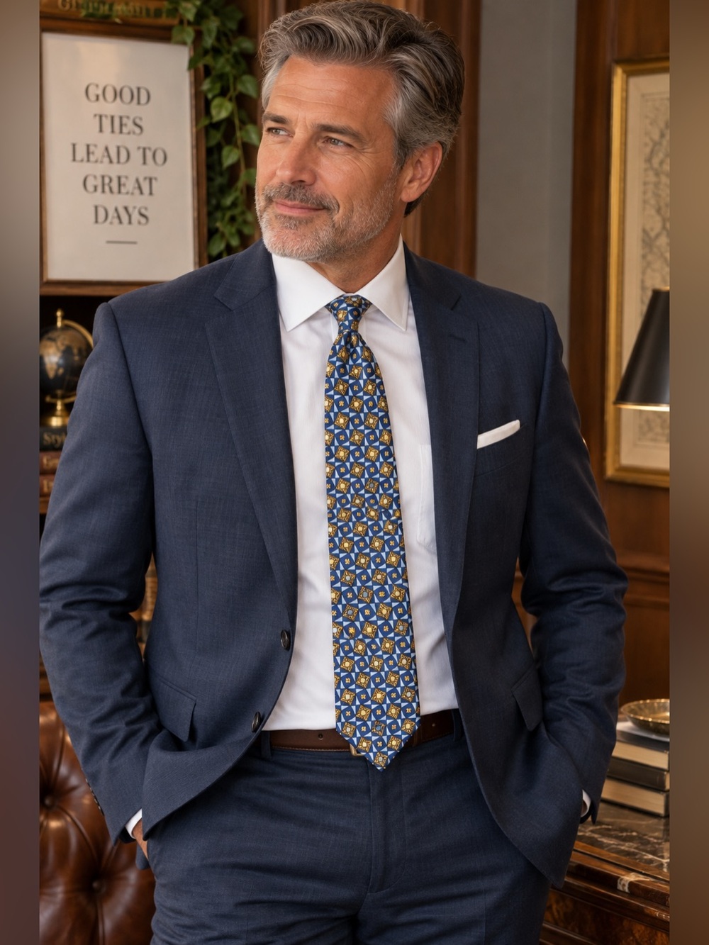 Altea Blue and Gold Geometric Silk Tie - Men Accessories